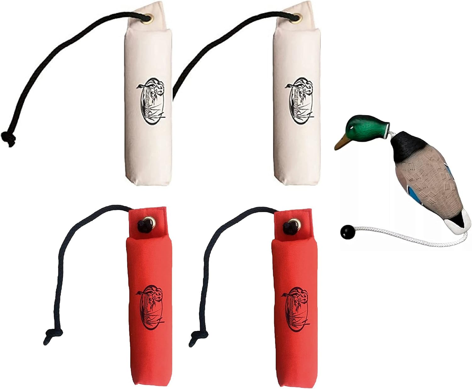 Dual-Pack (4) Canvas Bumpers with Throw Ropes - Weighted Dog Retrieving Dummies - 2 White and 2 Orange - and (1) Dead Fowl Mallard Dummy