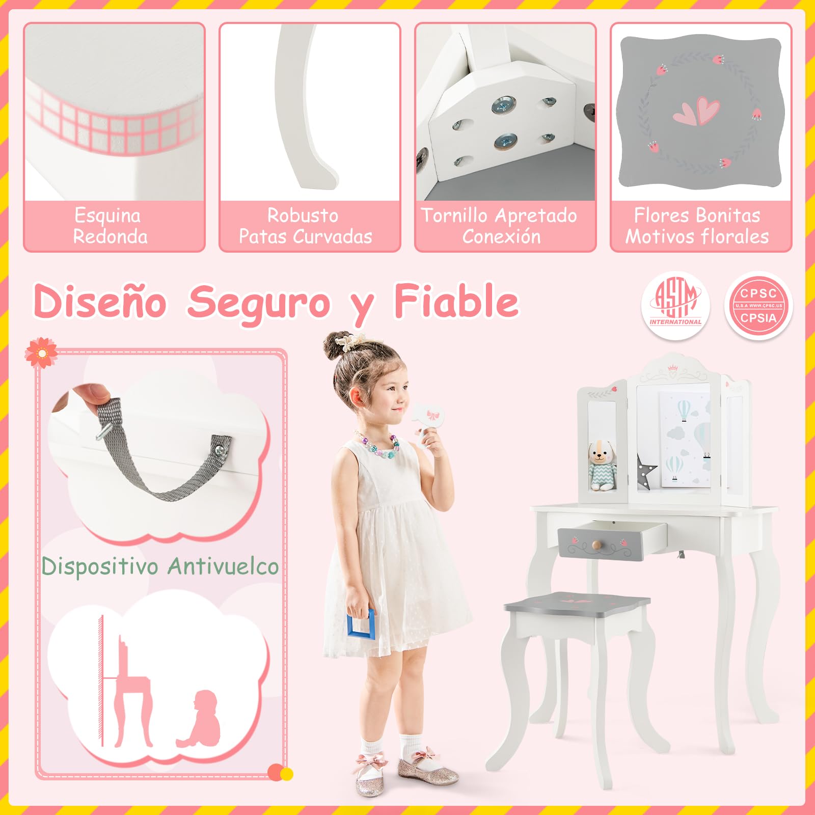 GOPLUS Tocador Niña 2 en 1 con 10 Accesorios Maquillajes, Juego de Tocador Infantil Princesa de Madera con Taburete y 3 Espejo Extraíble, para Niños de 3+ Años, 60 x 33 x 98,5 cm, Blanco