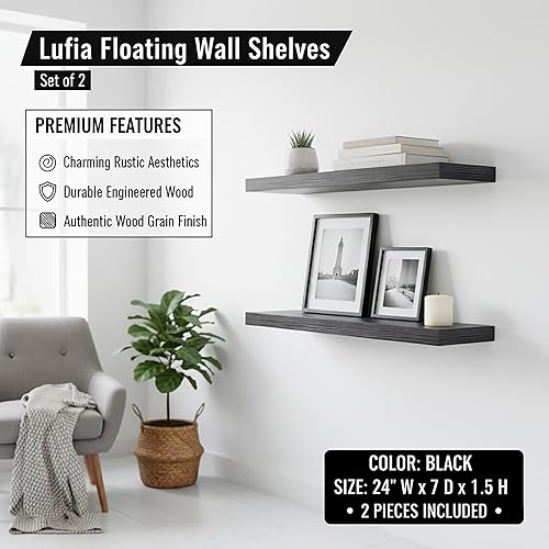 Miniatura 5 de Lufia Estantes flotantes de pared, juego de 2, MDF con soportes invisibles, almacenamiento moderno para dormitorio, baño, sala de estar, cocina