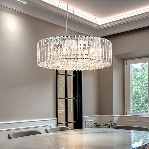 Lingkai Moderno candelabro redondo de cristal, 19.7 pulgadas, 6 luces, lámpara colgante de cristal de lujo, bombilla E12, lámpara de techo