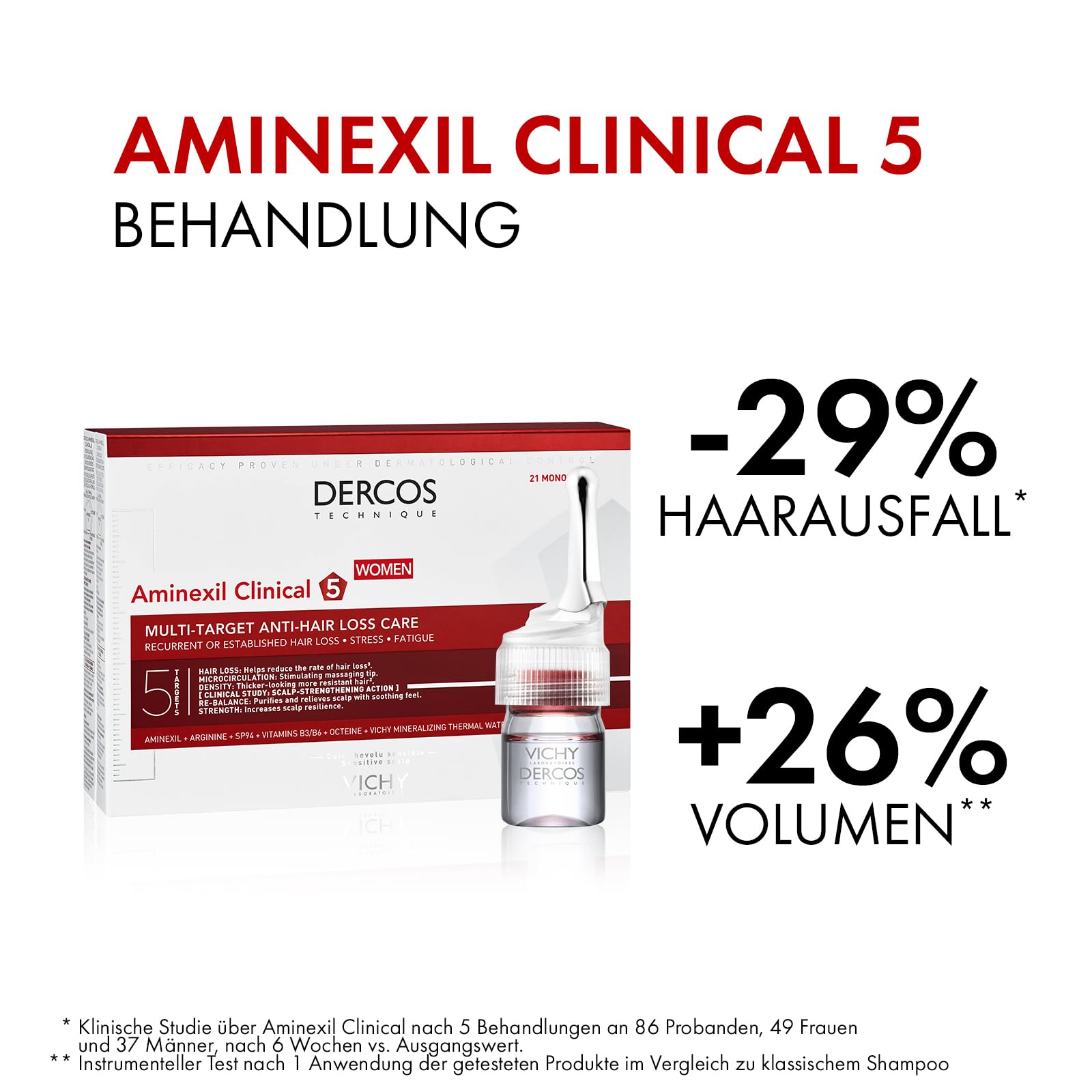 VICHY Haarserum für Frauen, Gegen permanenten oder periodischen Haarausfall, Kräftigt Haarwurzel und Haarfaser, Mit Aminexil und Arginil, Dercos Aminexil Clinical 5 Frauen, 21 x 6 ml
