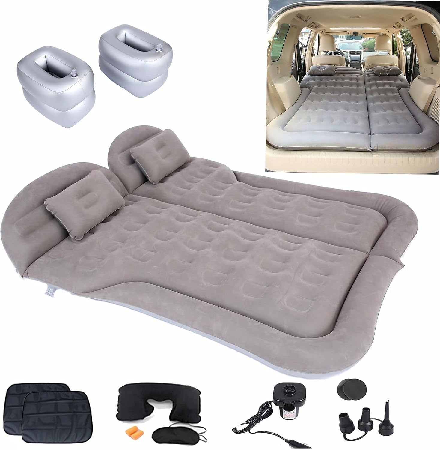 Inflatable SUV Air Mattress,Thickened Flocking Car Travel Camping Bed with 2 Pillows & Air Pump,Portable Car Sleeping Mattress for SUV Trunk and Rear