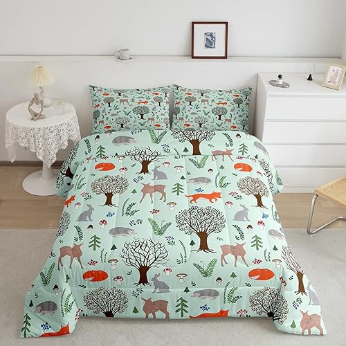 Erosebridal Juego de edredón de animales de granja individual, juego de ropa de cama de erizo de zorro de ciervo de dibujos animados para niños y