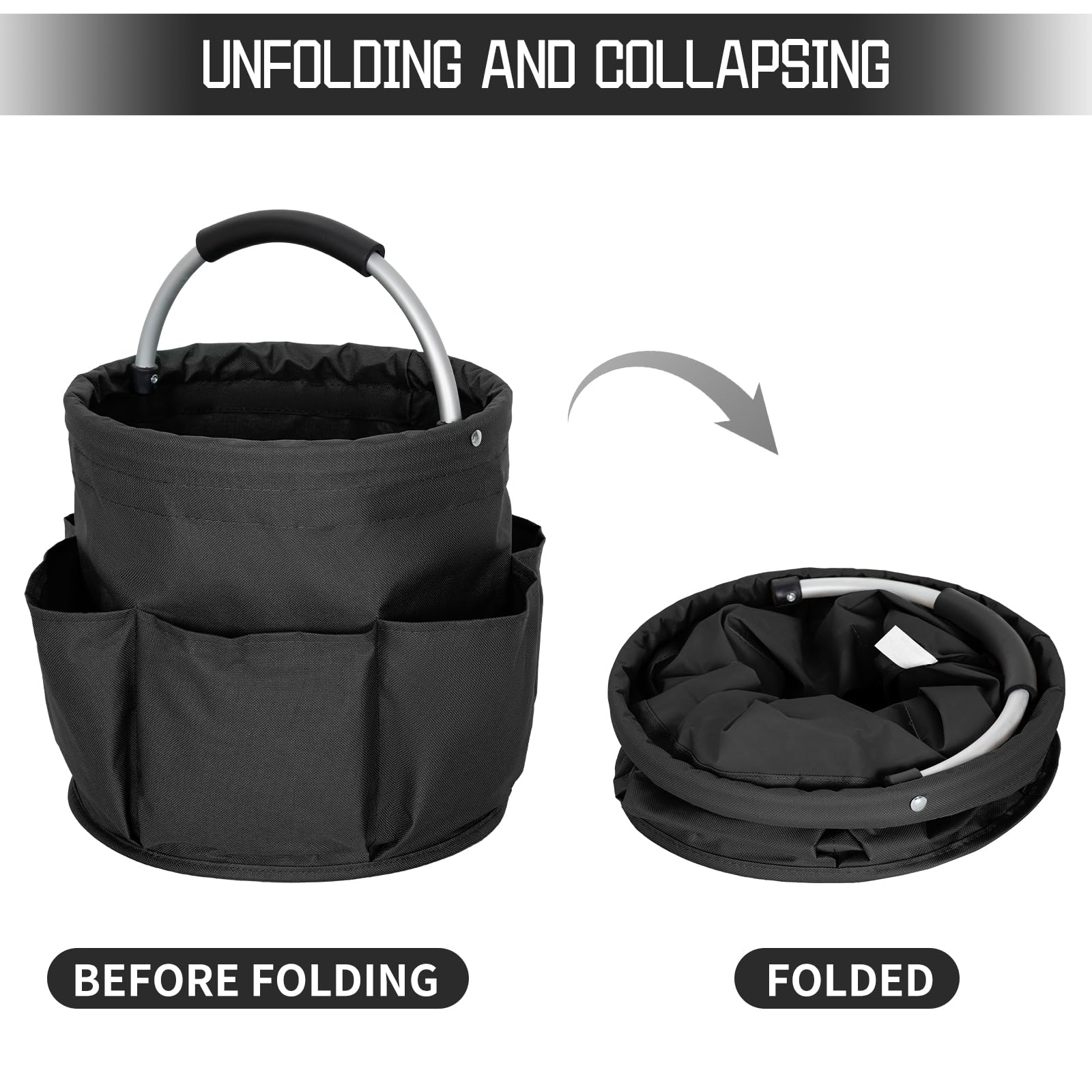 IPEB Cleaning Caddy Organizer with Handle Foldable Cleaning Bucket Organizer Cleaning Caddy Bag Cleaning Tool Bucket Multi-pocket Tool Bag for Cleaners & Housekeepers,Black - Image 2