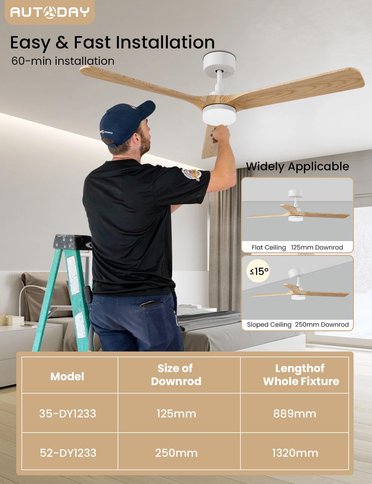 Legno Ventilatore da soffitto con luce 30W motore DC ultra silenzioso diametro 132cm con 3 pale reversibili Telecomando con funzione di memoria 6 velocità dimmerabile ventilatore soffitto