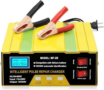 MDEOOSKY Car Battery Charger 12V / 24V, 6AH105AH Portable Trickle Charger and Maintainer with Auto/Manual Modes for Motorcycle, Marine, Truck, Boat, Lawn Mower Lead Acid Battery or Lithium Battery