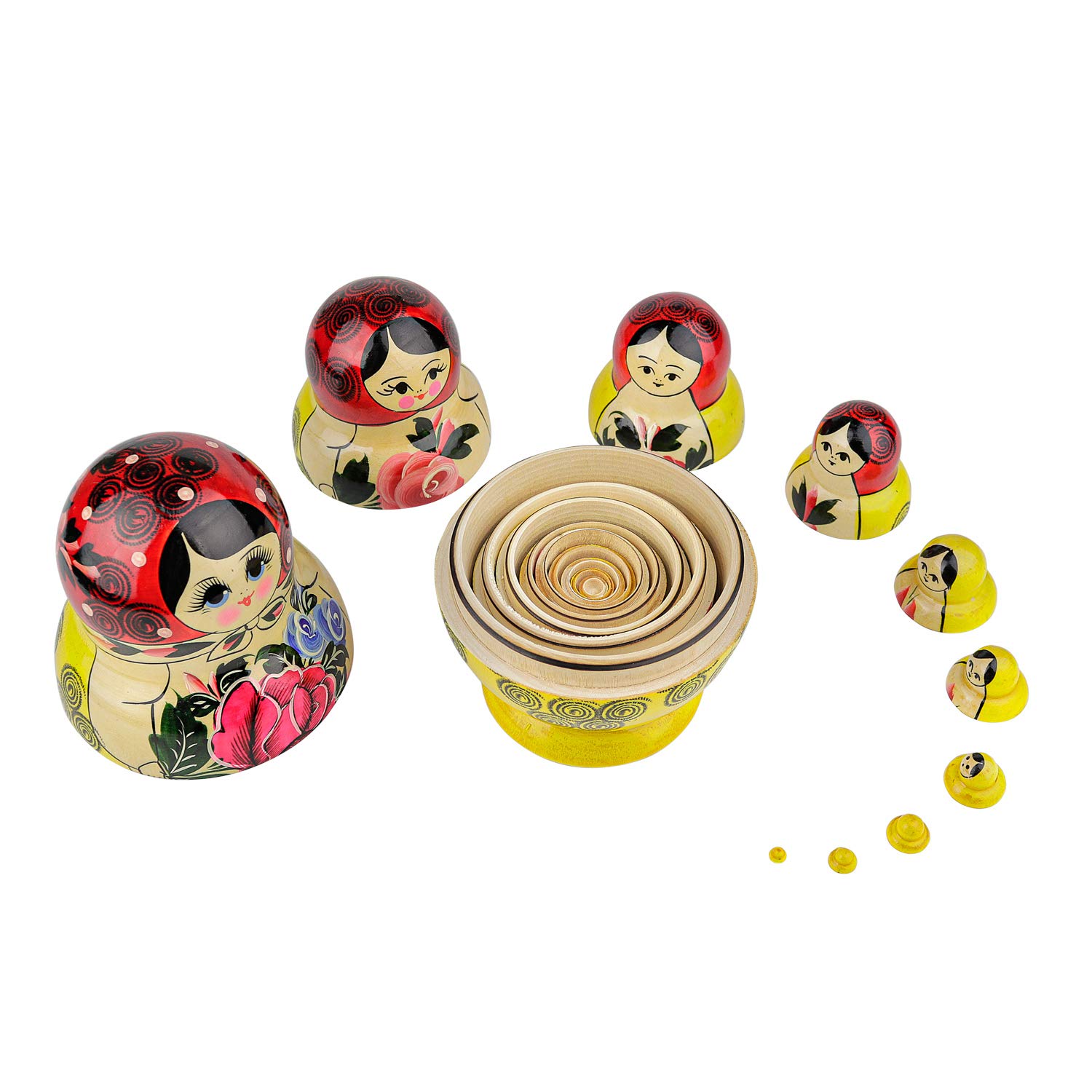 Poupées Russes De Forme Arrondie, 10 Poupées Matriochka Traditionnelles Style Semyonov Rouge | Jouet En Bois, Babouchka Fabriqué A La Main En Russie | Semyonov De Forme Arrondie, 10 Pièces, 16 cm