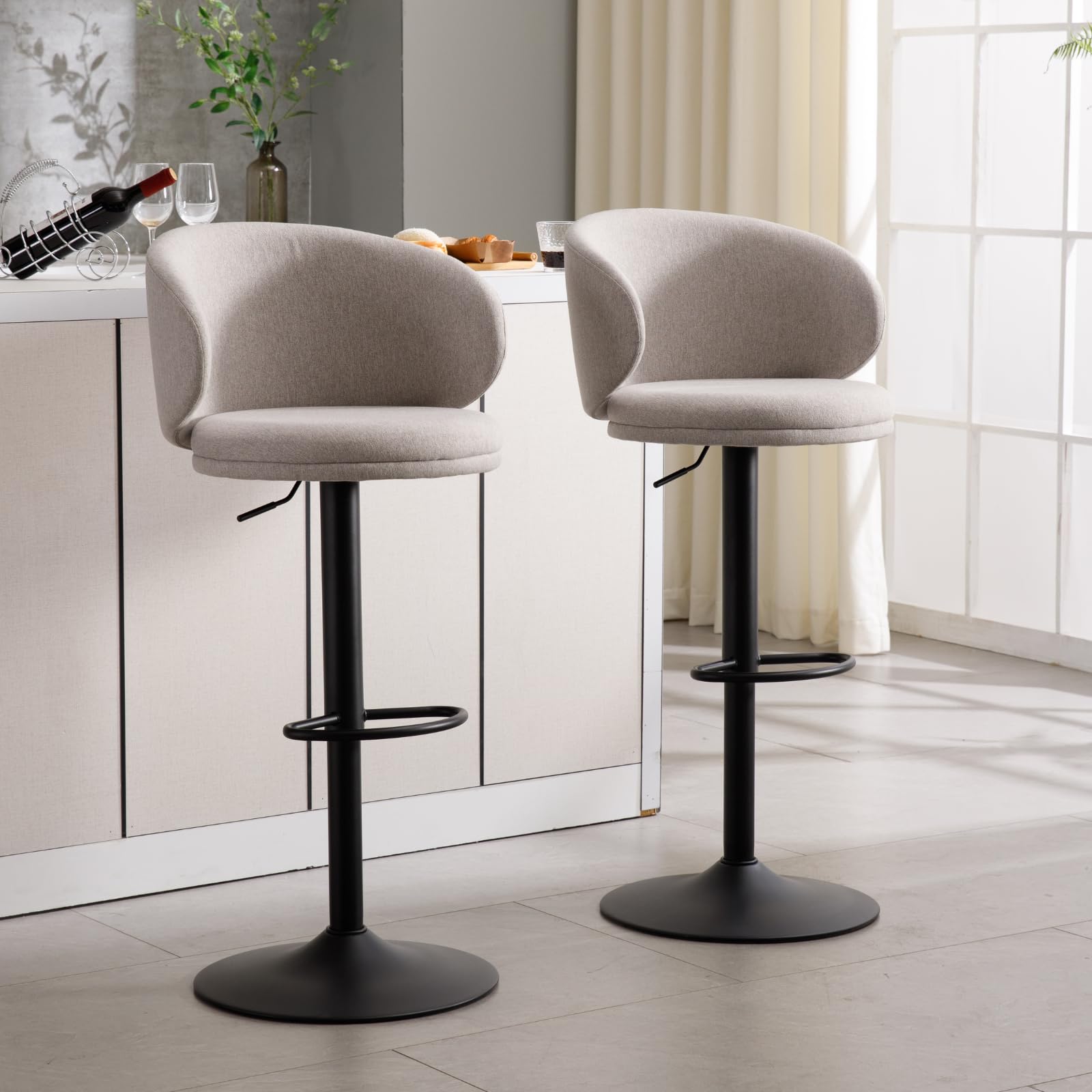 chairus Juego 2 de Taburetes de Bar Altura Ajustable Taburetes de Cocina Moderno con Respaldo, Sillas Altas Mostrador Tapizadas de Tela Taburetes Barra Cómodo con Base de Metal para Hogar, Gris