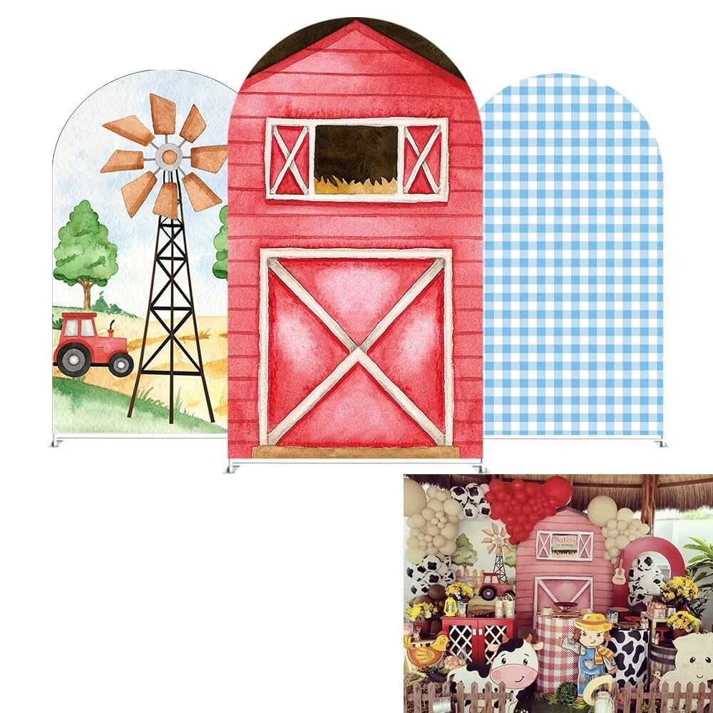 Fienile Farm Windmill Arches Sfondo Copertura per bambini Mucche Compleanno Bomboniere Arch Stand Elastico Tessuto Coperture Baby Shower Party Forniture Tovaglia Decorazioni 0,9 x 1,8 m