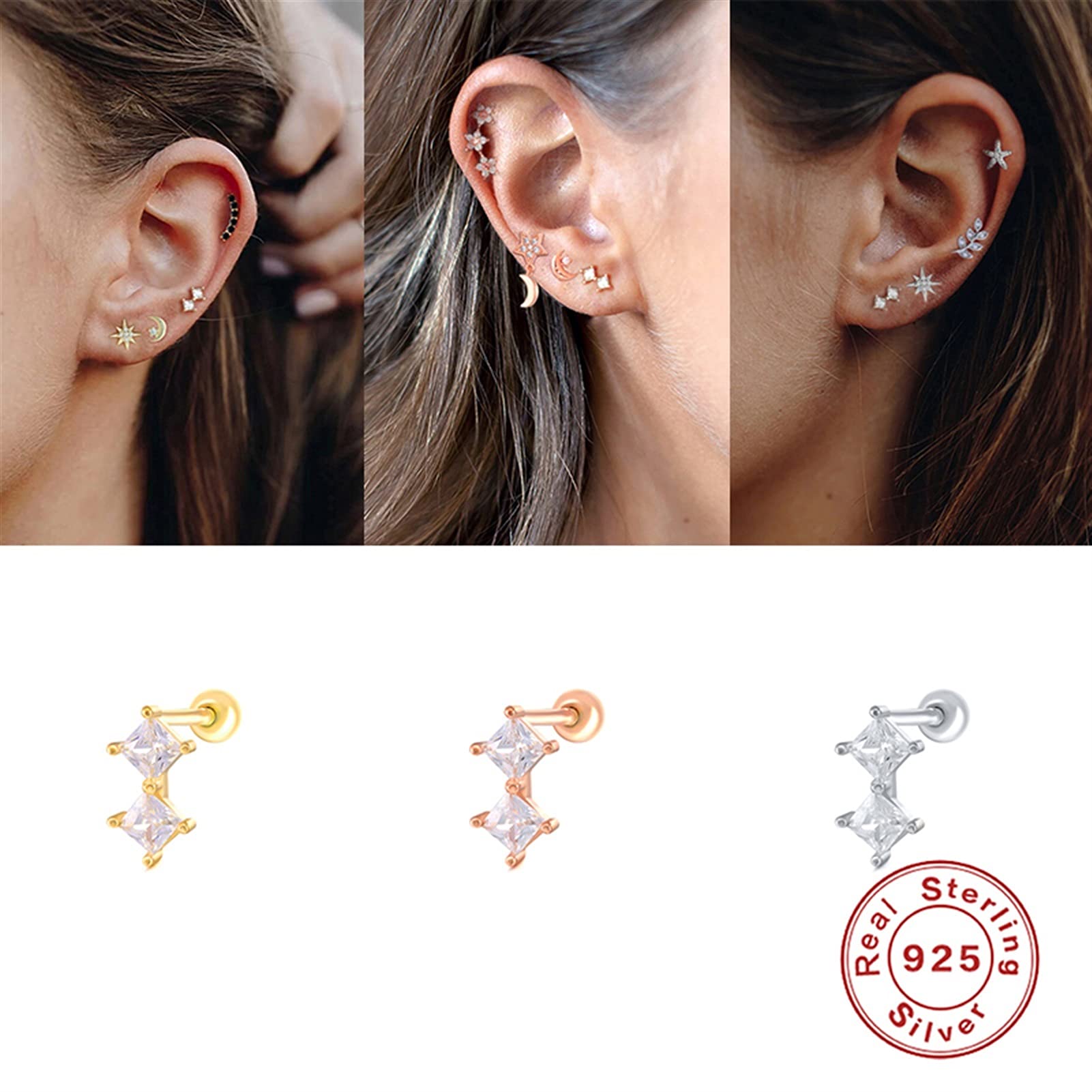 YCTTKDD 2 szt. Kolczyki do piercingu prawdziwe 925 srebro Bling cyrkon kolczyk na chrząstkę dla kobiet kość ucha przebita klamra yc628 (kolor klejnotu: 7 złoty kolor)