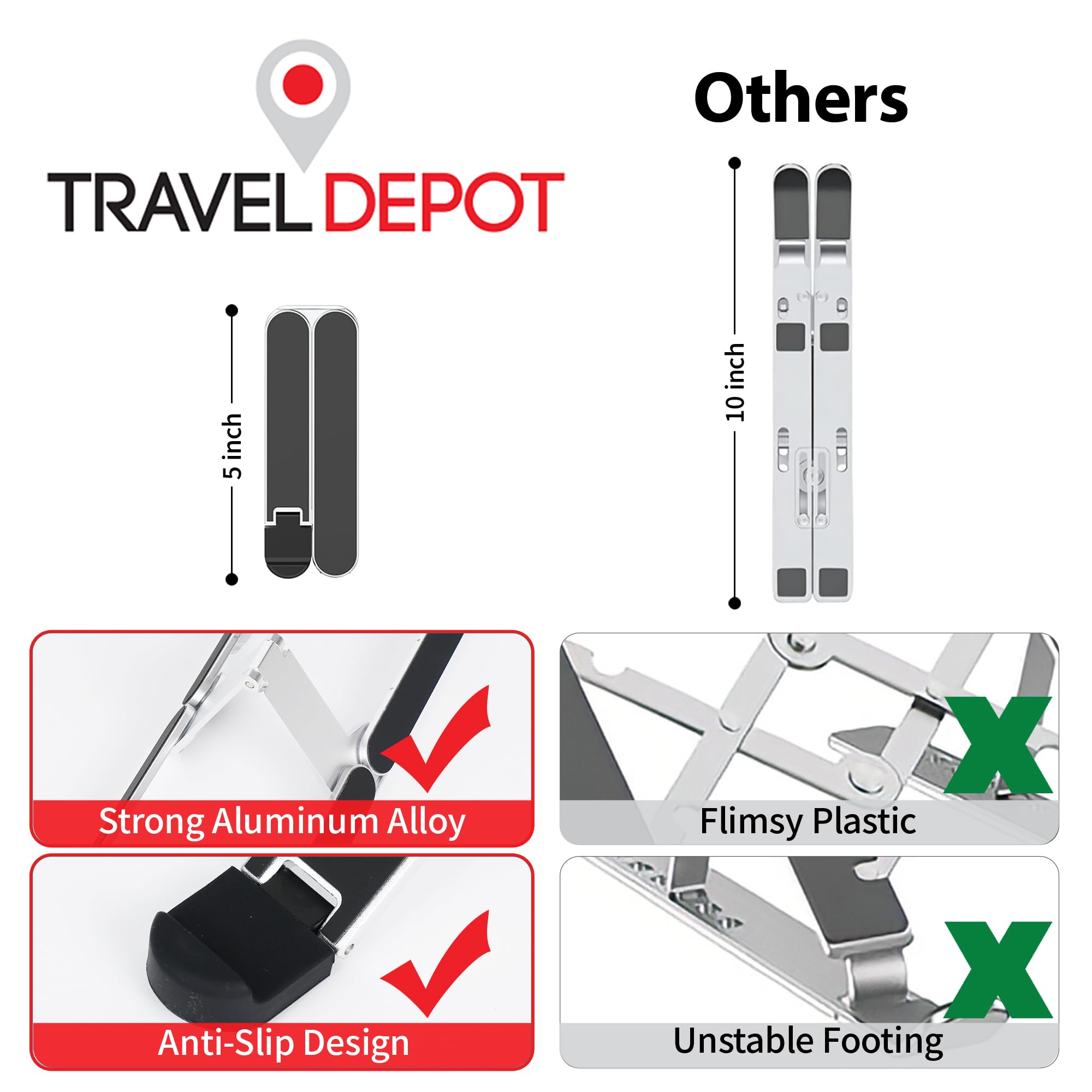 Travel Depot Soporte portátil para laptop, soporte ergonómico para computadora portátil de 6 niveles, ángulo ajustable, soporte elevador de ABS compatible con todos los portátiles y iPad (10-15.6
