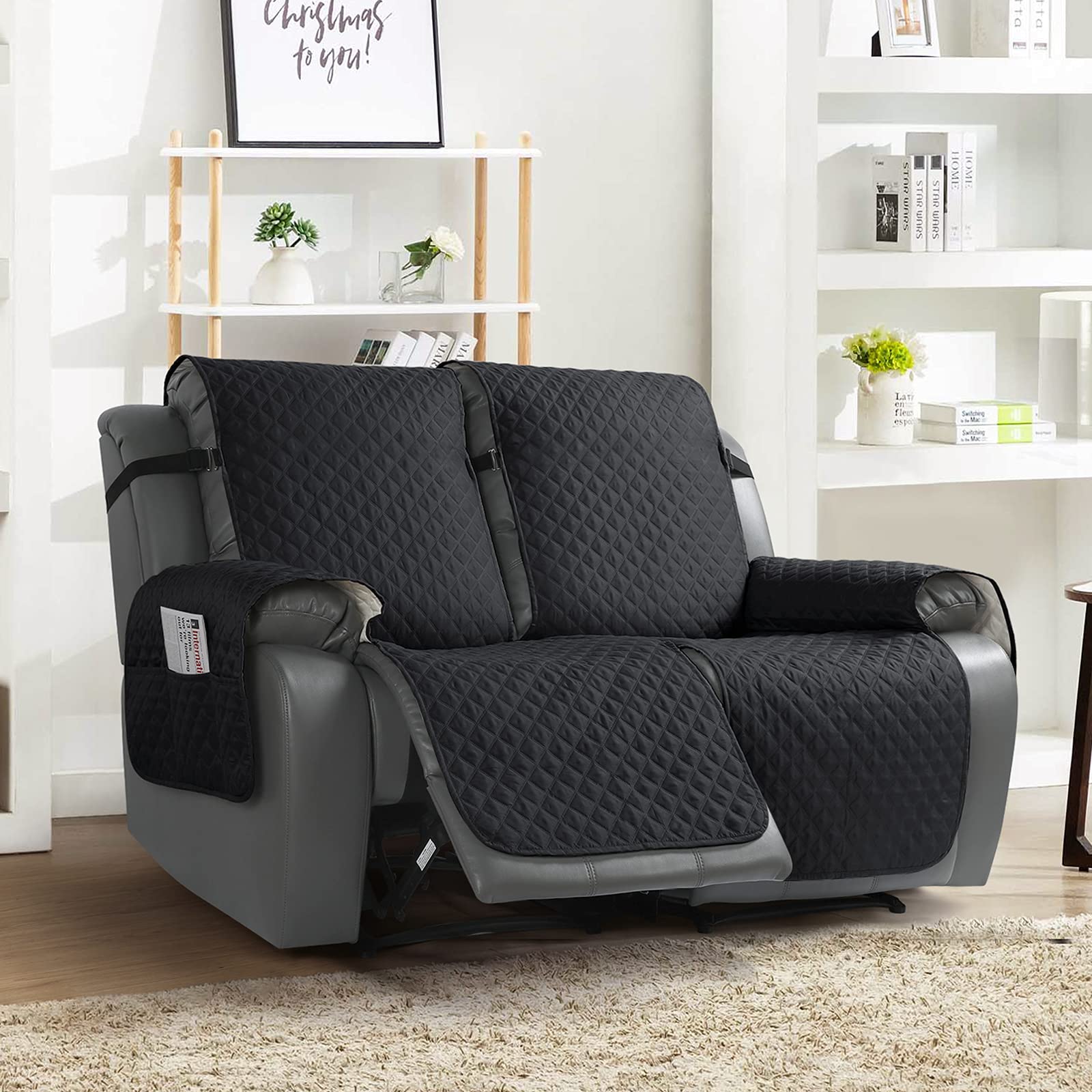 TAOCOCO Loveseat Recliner Cover Non-Slip Sofa Slipcover, Pet Cover for Loveseat Recliner with Elastic Straps, Washable Reclining Loveseat Cover Recliner Furniture Protector (2 Seater, Black)