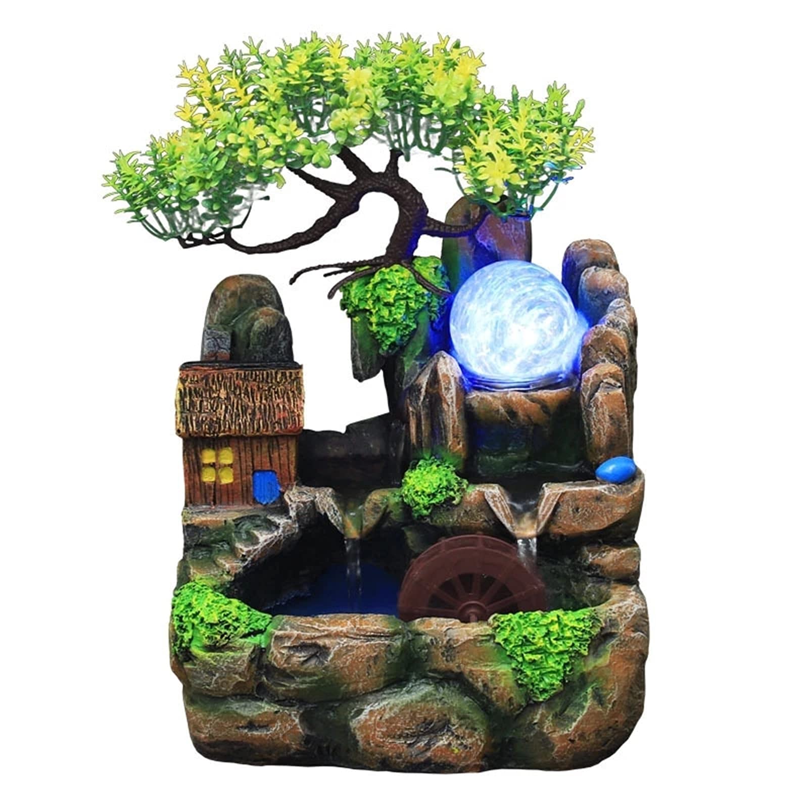 Fuente de mesa decorativa para interior, fuente de agua con cascada, de resina, diseño de árbol, con iluminación LED, Feng Shui Zen, decoración para salón, dormitorio, oficina, 20 x 16 x 27 cm