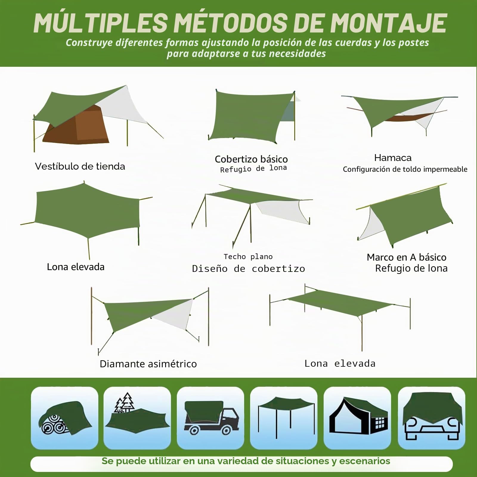 Toldo de Refugio Impermeable 3X3M,Ultraligero y Portátil Toldo Camping, Tienda de Campaña Hamaca Protección UV Anti Desgarro, Ideal para Acampar Senderismo Picnic al Aire Libre, Verde