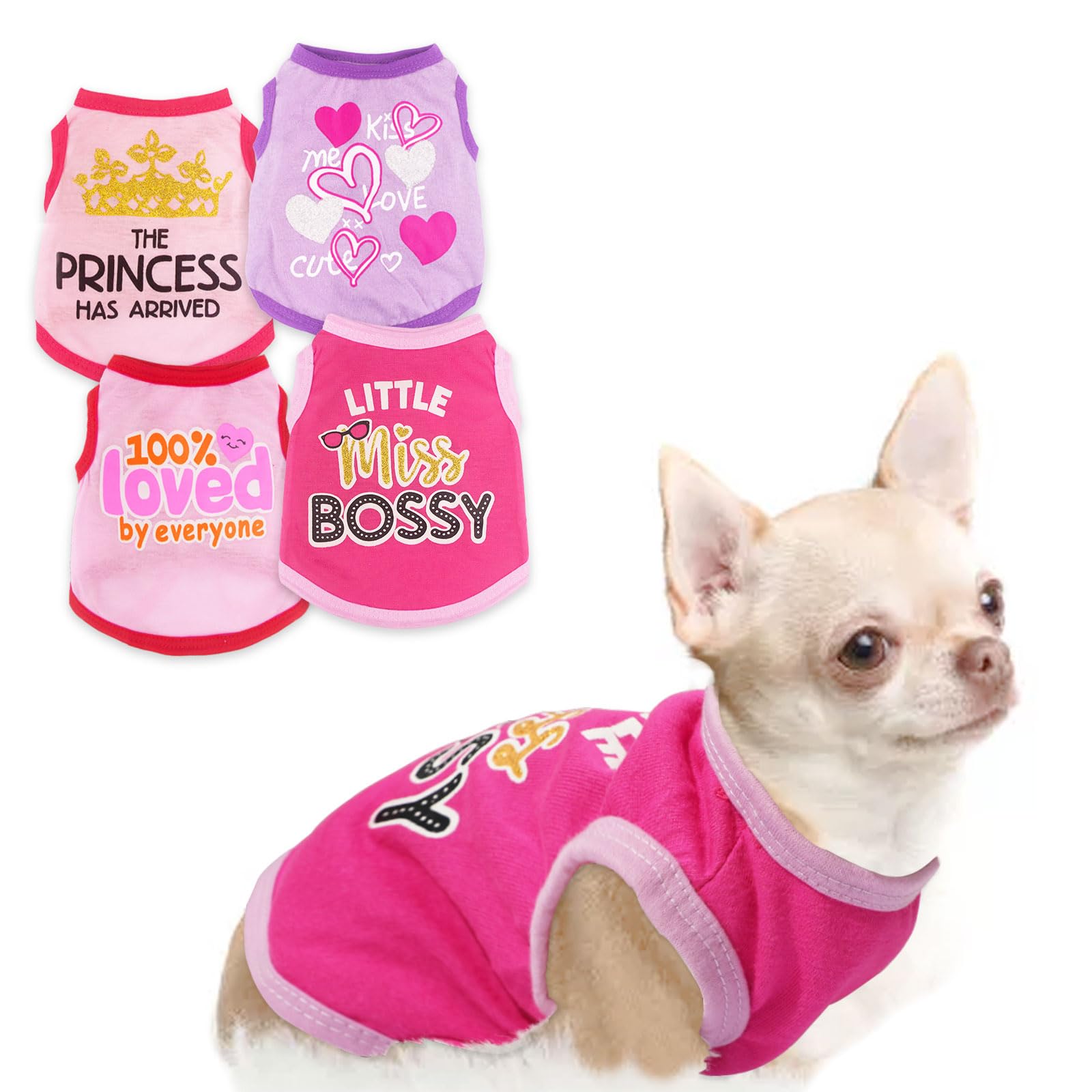 4 Pieces Dog Clothes for Small Dogs Girl Chihuahua Clothes Cute Pink Puppy Shirts Soft Shih Tzu Clothe Teacup Dog Costume Pet Cat Outfit Clothing for Xs