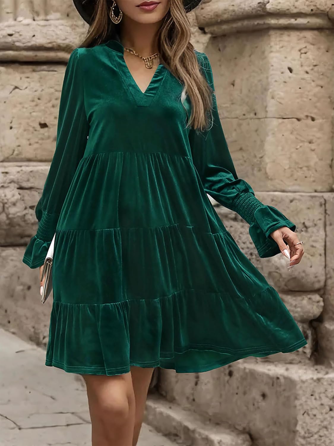 2024 Women’s Elegant Velvet Long Sleeve Dress Casual Fall V Neck A Line Babydoll Flowy Formal Wedding Party Mini Dress - Image 4