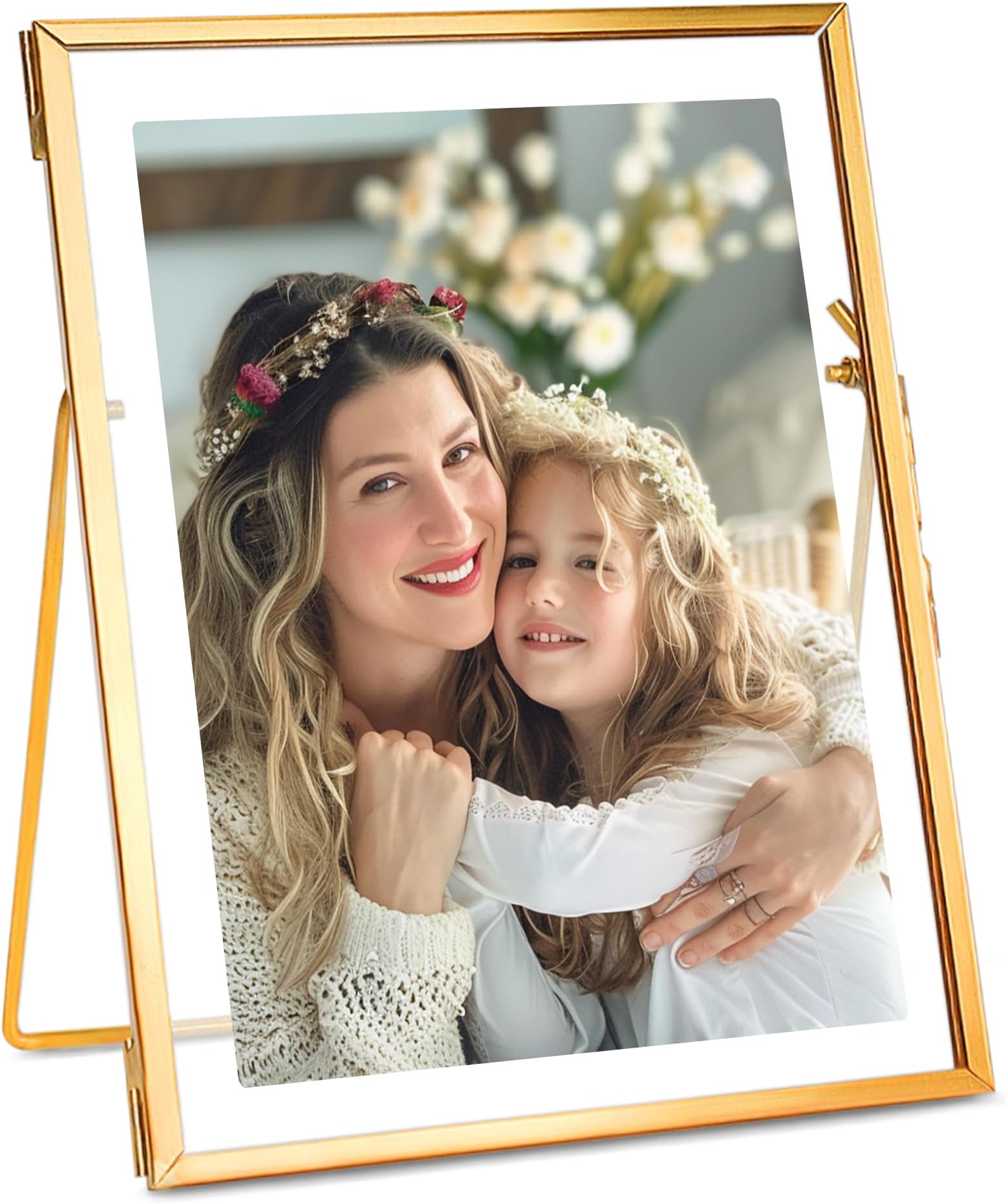REDHUGOFloating Desk Photo Frame for Pictures Art, Vintage Style Brass and Glass, Metal