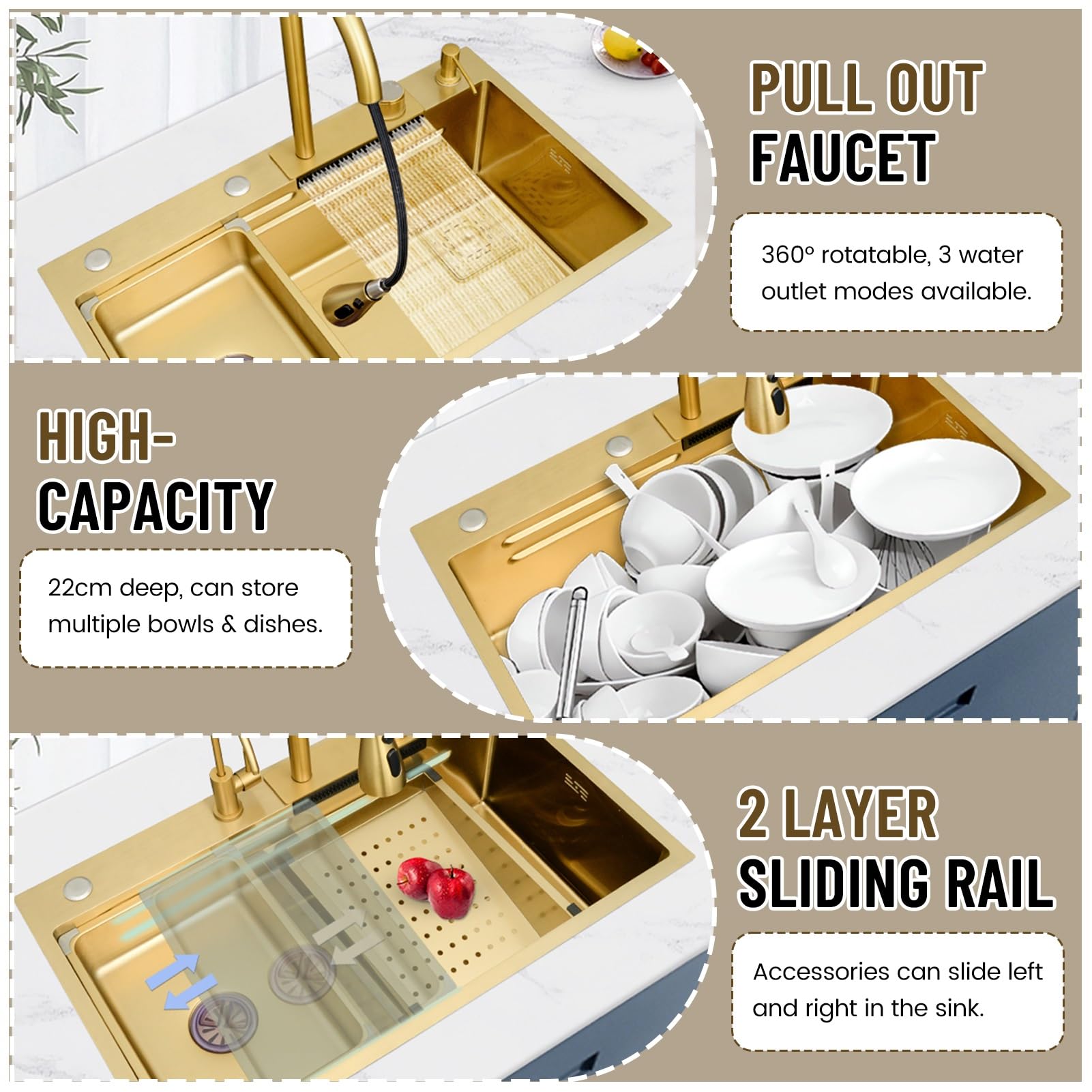 Fregadero de Cocina Grande con escurridor, Fregadero de un Solo Seno para encimera, para instalación empotrada, Acero Inoxidable Essential, Incluye Kit de desagüe Completo (Dorado,
