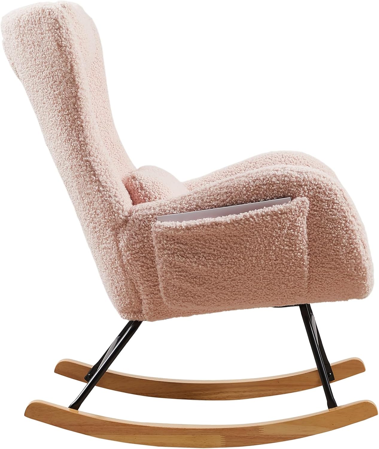 KEVINSPACE Modern Rocking Chair, Modern Chair Nursery Upholstered Nursery Glider Rocker for Baby, Comfy Uplostered Accent Chair with Head Cushion, Pillow, High Backrest and Armrests, Indoor Pink