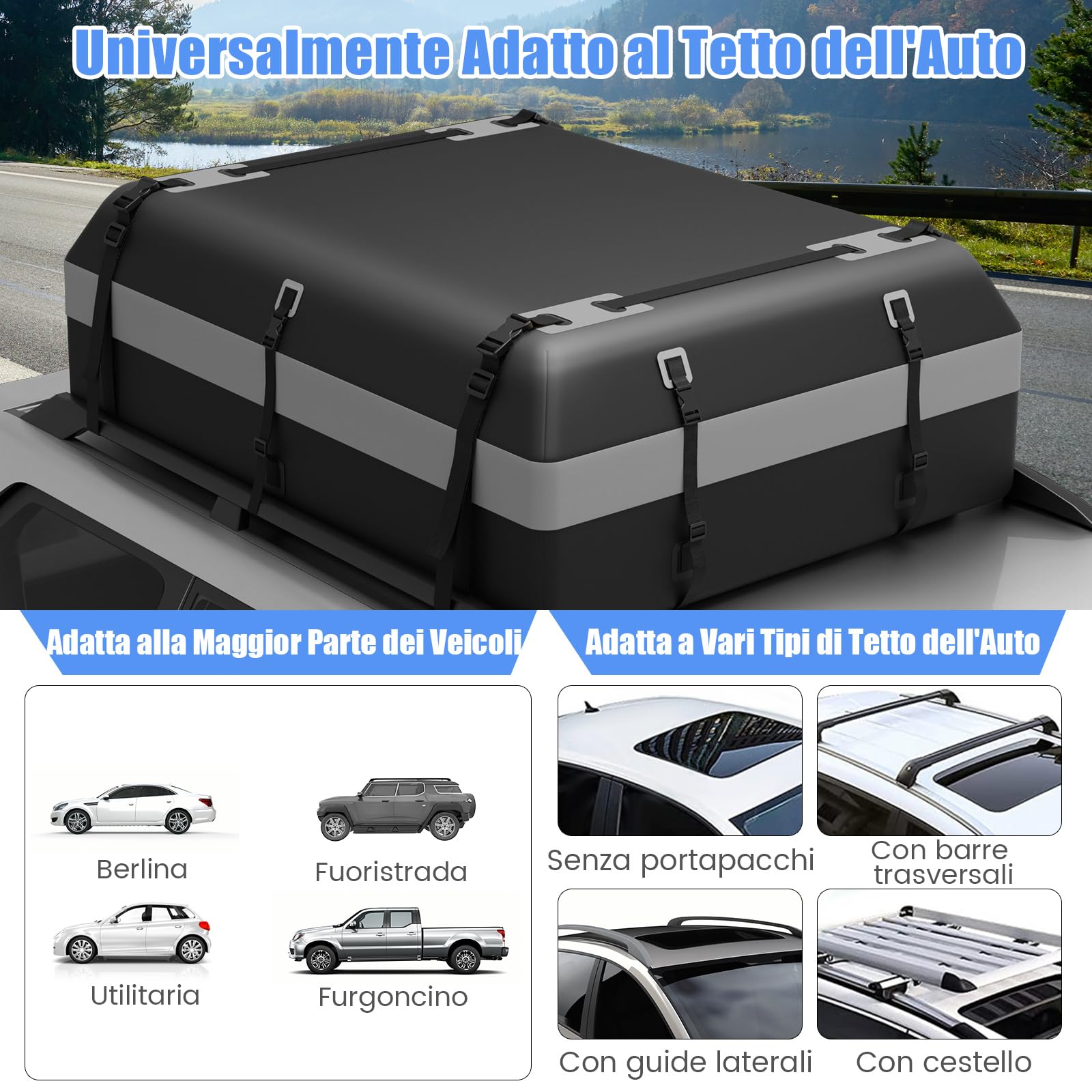 COSTWAY Borsa da Tetto per Auto Impermeabile 21Cu.Ft/595L, Box Tetto Universale con Tappetino Antiscivolo+ 12/14 Cinghie+ 6 Ganci, Sacca per Auto con/senza Barre Portapacchi (Grigio, 21Cu.Ft/595L)