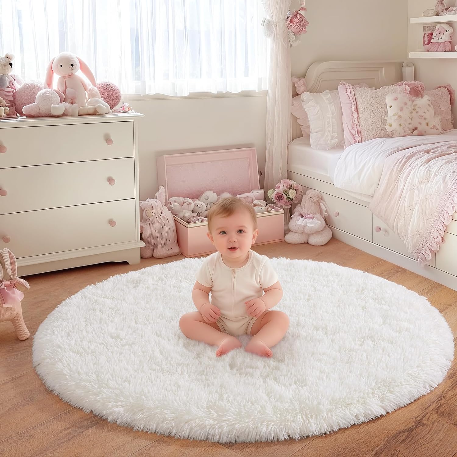 Cream White Round Rug 4ft, Fluffy Circle Rugs for Bedroom, Cute Plush Shag Area Rug Non Slip, Modern Indoor Carpet for Living Room Girls Kids Room Nursery Playroom Dorm Home Decor