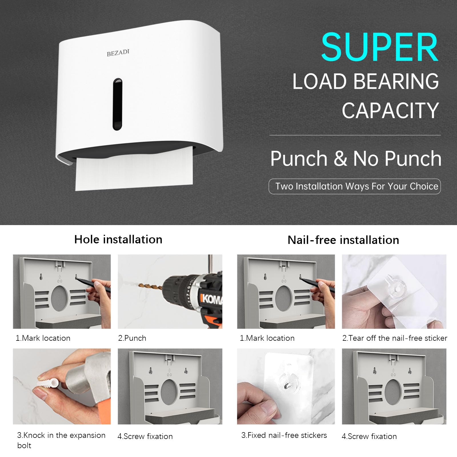 Dispensador de toallas de papel de montaje en pared, soporte comercial para toallas de papel, dispensadores de servilletas para baño, cocina, pliegue C, 6015, color blanco