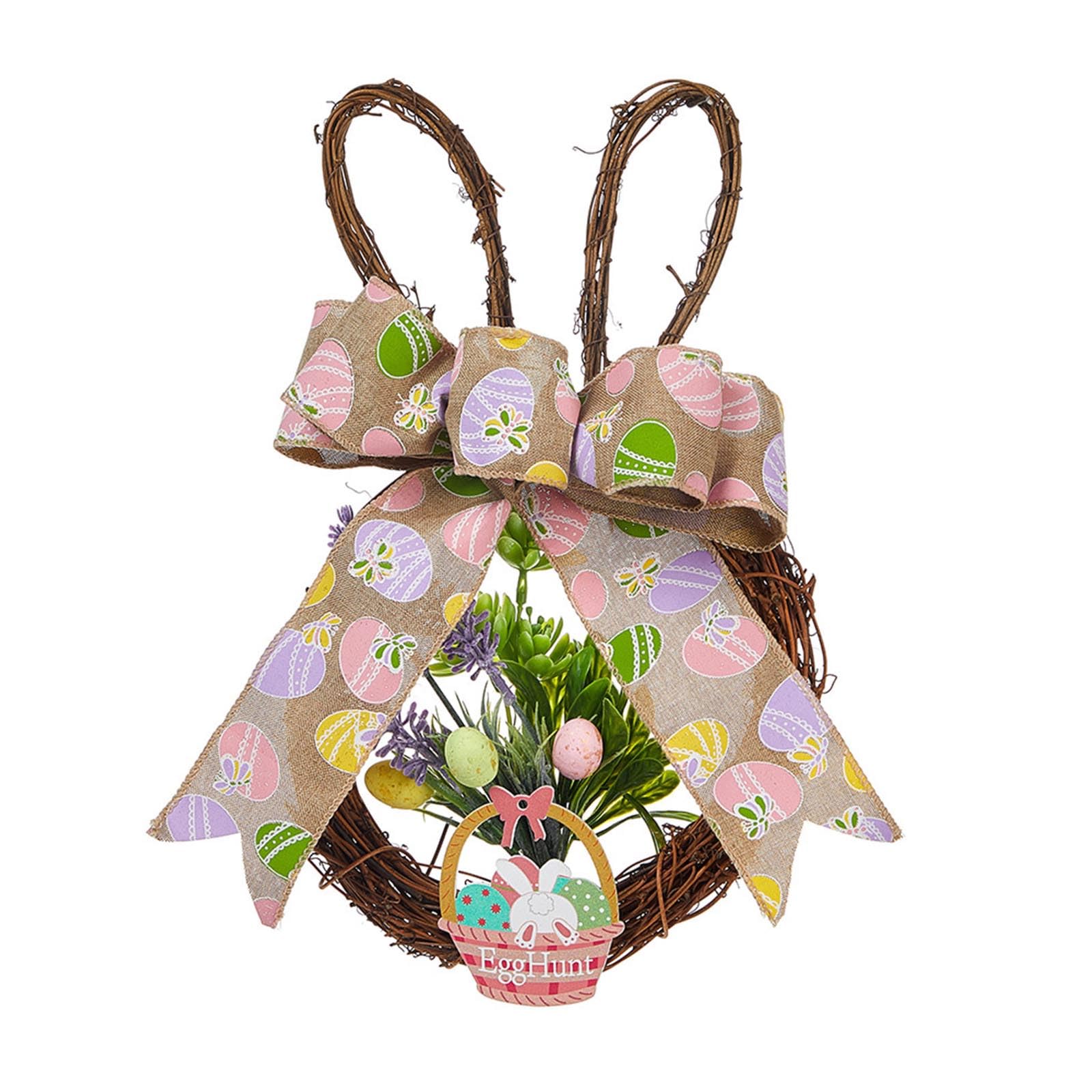 carotoe Wreath with Rabbits and Flower Unique Spring Rabbits Wreath Colorful Eggs Garlands with Flowers and Bowknot Artificial Flower