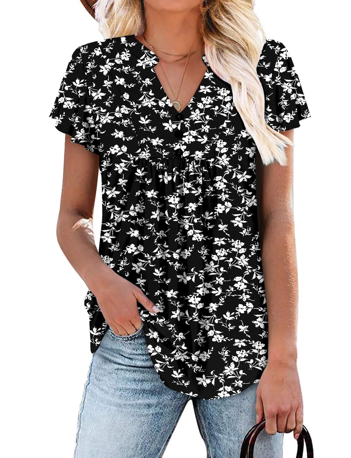 onlypuff Women's Short Sleeve Tunic Tops Summer Pleated V Neck Button Down Shirts for Leggings