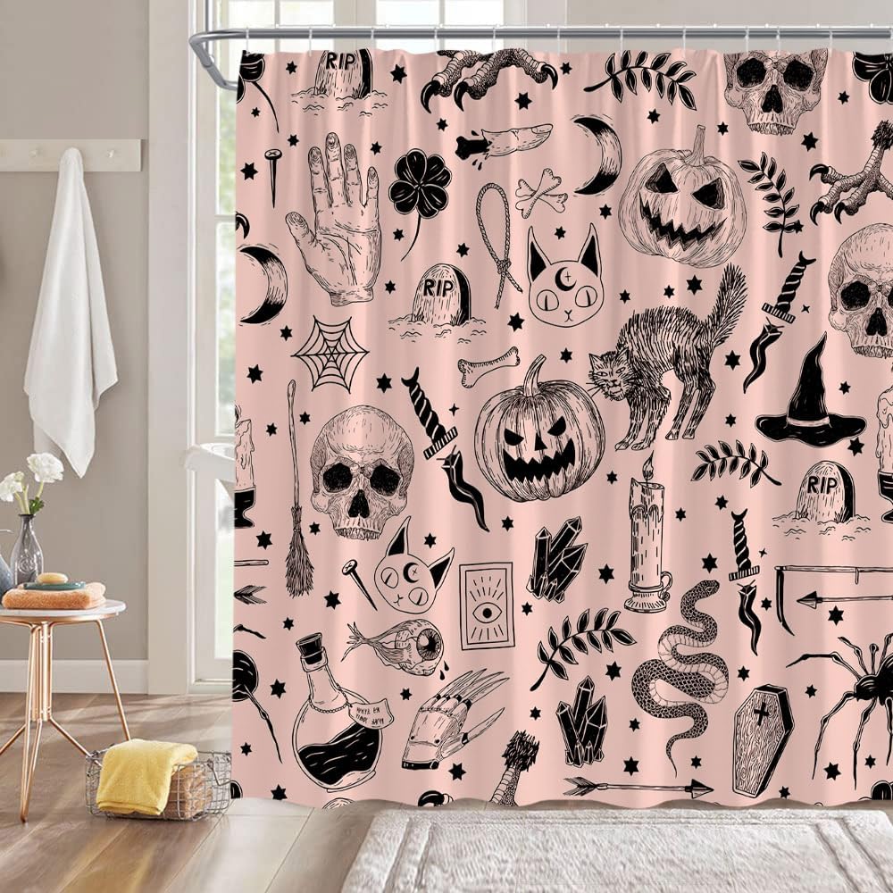 Spooky Halloween Shower Curtain Black Scary Cat Pumpkin Witchy Hand Moon Skull Candle Vintage Gothic Vintage Holiday Pink Fabric Bathroom Decor Curtain with Hooks