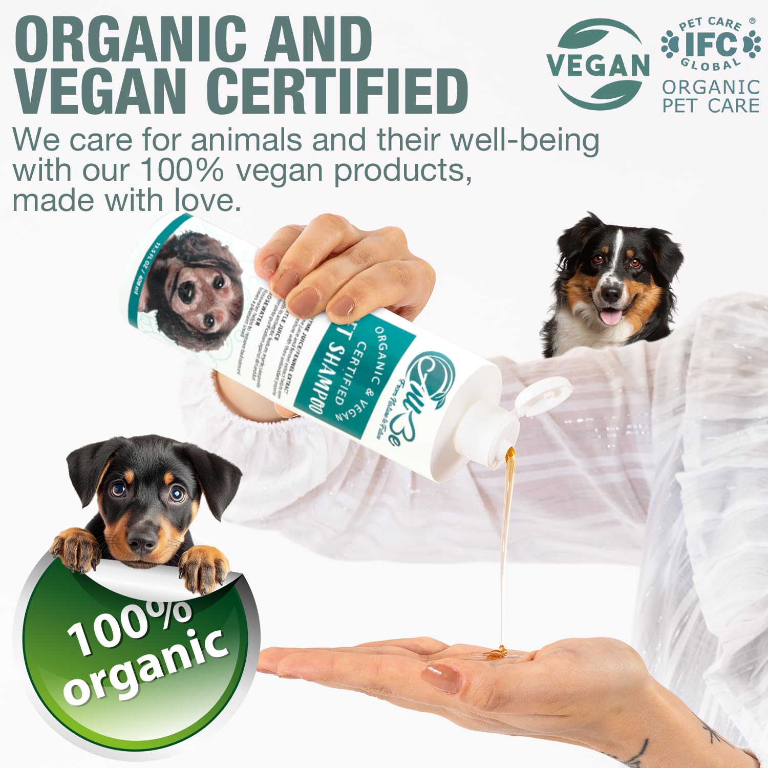 Hundeshampoo 3x400 ml – Bio 4-in-1 Shampoo für Hunde & Katzen – vegan & natürlich – gegen Juckreiz, Trockenheit & Geruch – Rosenwasser, Thymian, Fenchel – beruhigende Pflege