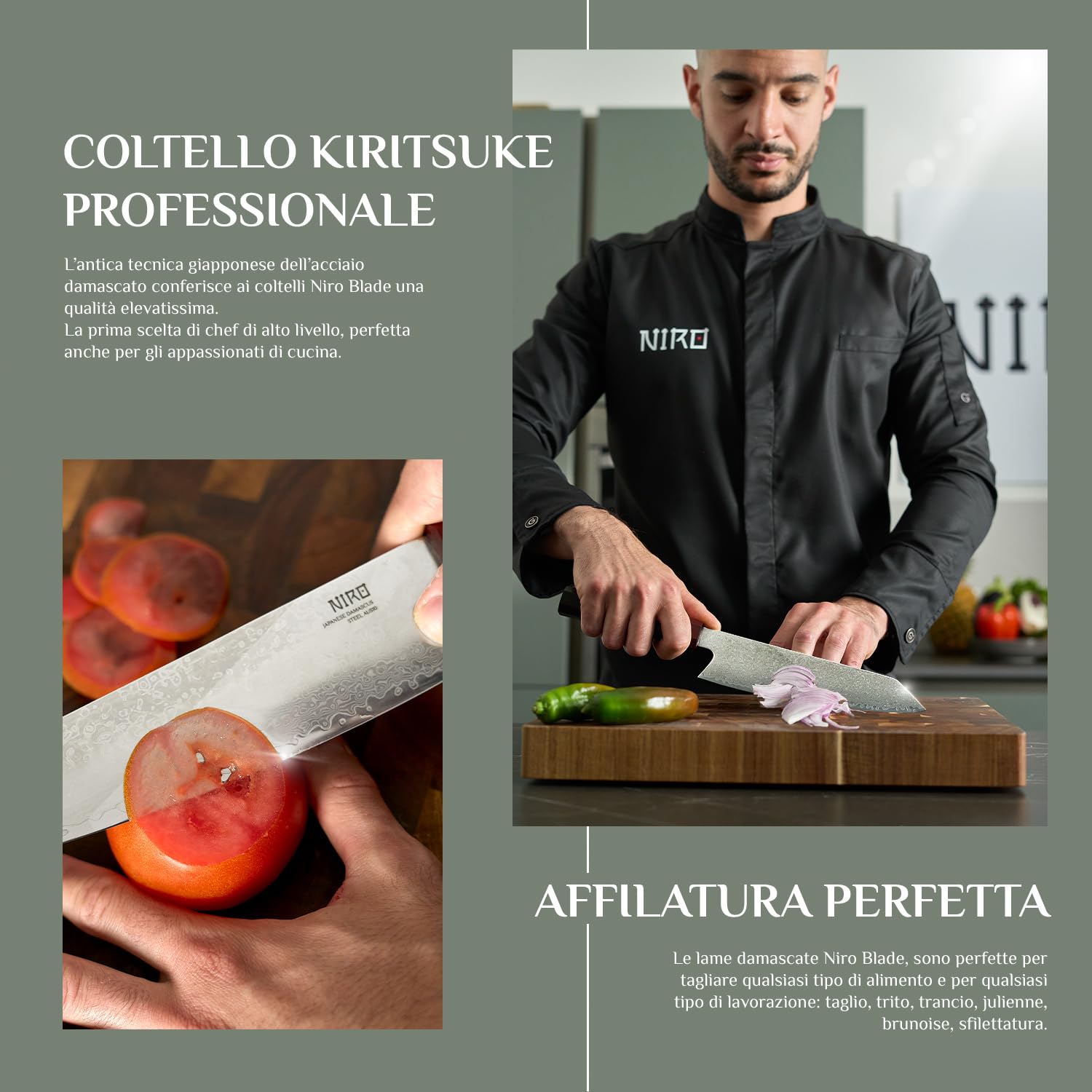 NIRO | Coltello Giapponese Professionale | Kiritsuke| Acciaio Damasco AUS-10 | Durezza HRC 60-61| 67 strati | Manico Pregiato in Ebano e Sandalo | Bilanciato | Forgiato a Mano | Resistente all'usura