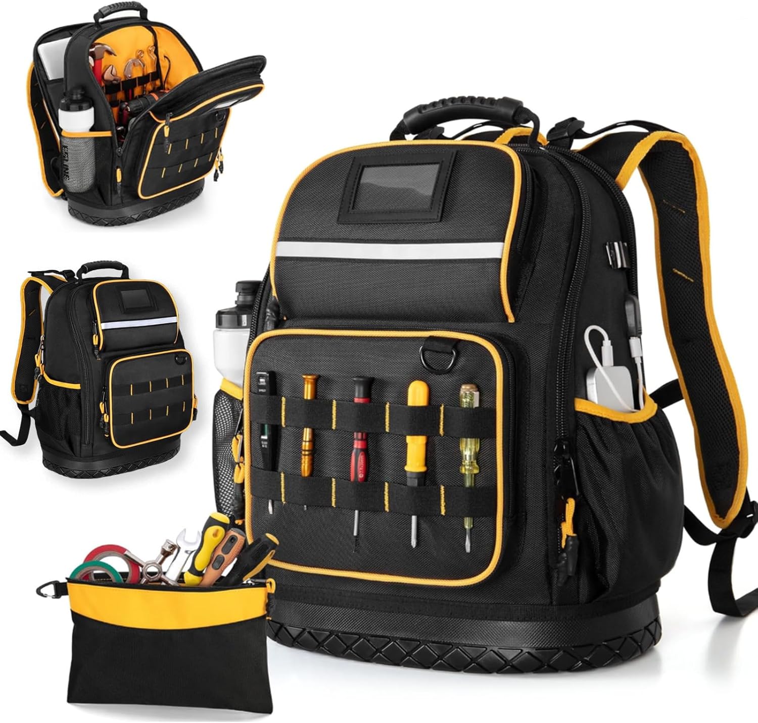 Heavy Duty Tool Storage Backpack with Molded Waterproof Hard Bottom, Large Capacity Jobsite Tool Bag Organizer with Small Tool Pouch, Fits 15.6" Laptop, Gifts for Electrician Men Tradesmen , Black