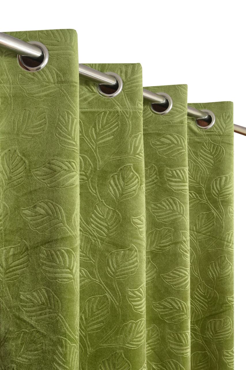 Keshav Fab Velvet Window Curtains 6Ft Pack of 2, Leaves Textured Panels for Home and Office Decor, Eyelet Curtain Drapes for Living Room Bedroom Hall, 4 x 6 Feet, Green