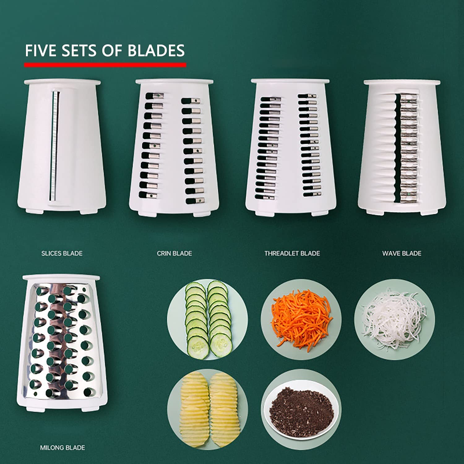 Obrotowa tarka do sera - Krajalnica z ostrzem ze stali nierdzewnej 5 w 1 Młynek do warzyw Rozdrabniacz do sera Tarka bębnowa do kuchni Warzywa/ziemniaki/marchew/sałatka/rozdrabniacz orzechów