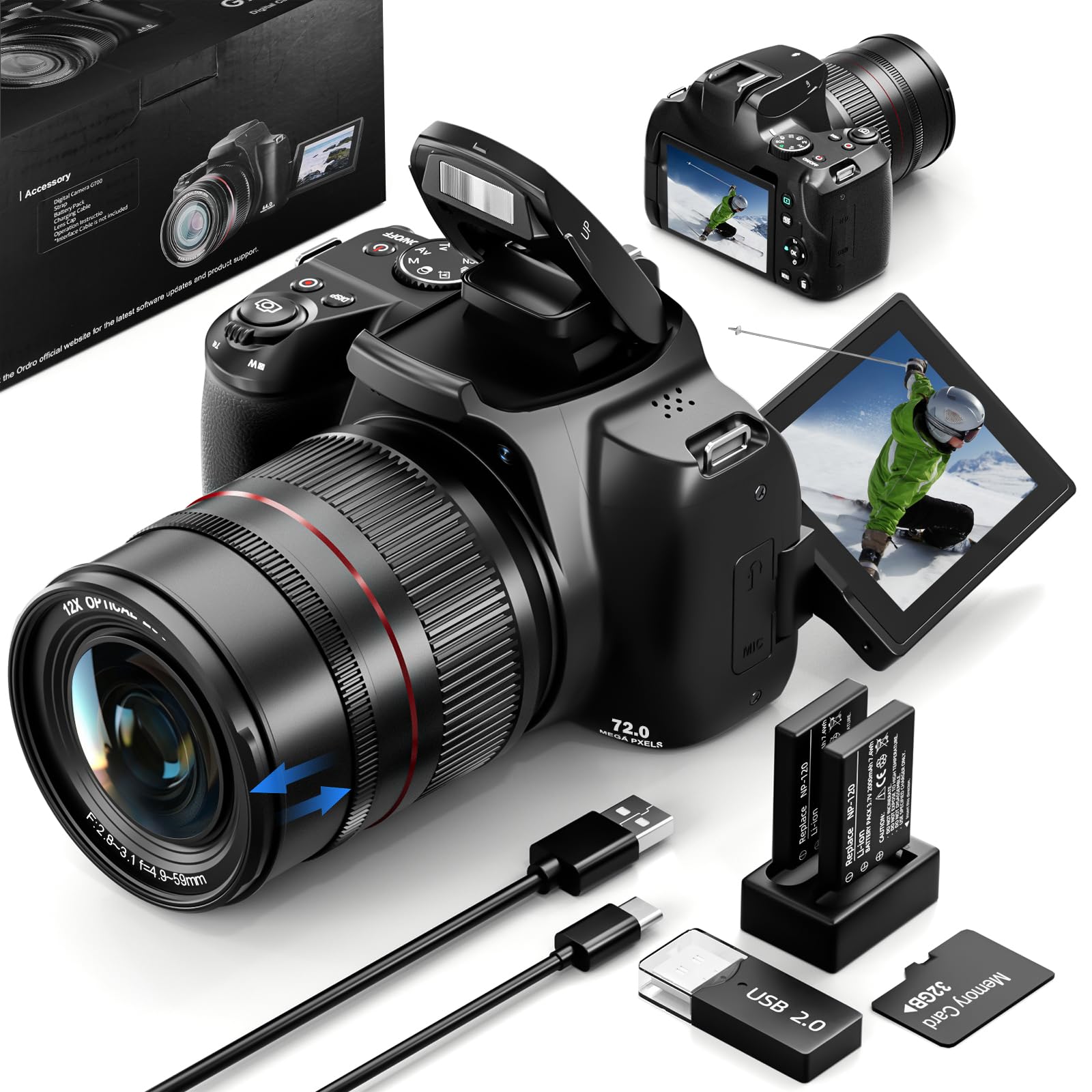 72MP 4K Digitalkamera mit 12X Optischem Zoom, WLAN, Autofokus & 3-Zoll-Flip-Bildschirm, Digitalkamera für Fotografie & Video, 2 Akkus + 32GB TF-Karte – Ideale Kamera für Anfänger & Vlogger (Schwarz)
