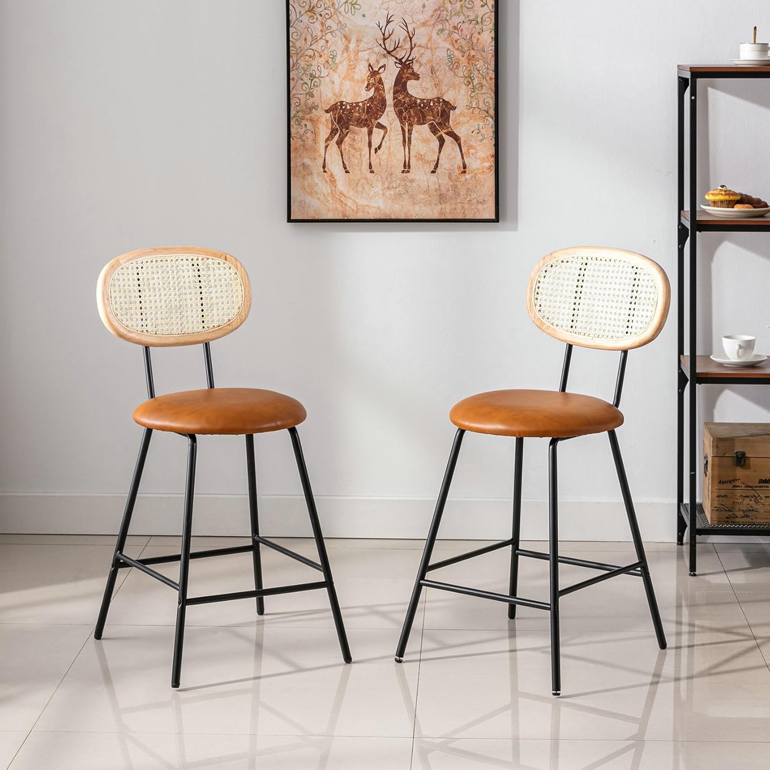Counter Stools Rattan Back, Faux Leather Bar Stools
