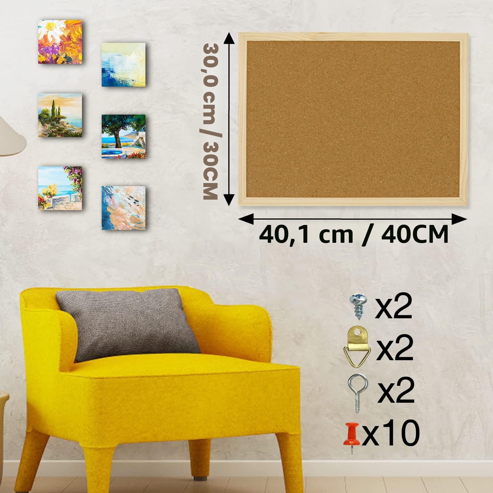 OWLKELA 40X30 cm Bacheca in Sughero Addensata, Lavagna Sughero, Pannelli Sughero, con 10 Puntine da Disegno e Anelli per Appendere Vision Board, Bacheca per Ufficio, Aula o CasaCornice in Legno
