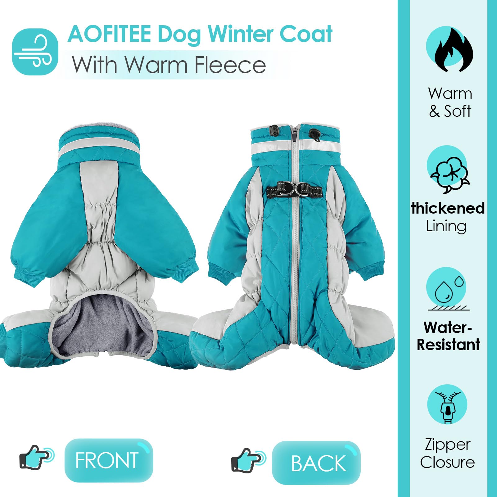 AOFITEE Fullbody Dog Coat, Warm Fleece Jacket for Large Dogs Turtleneck Winter Coats with Harness - Image 3