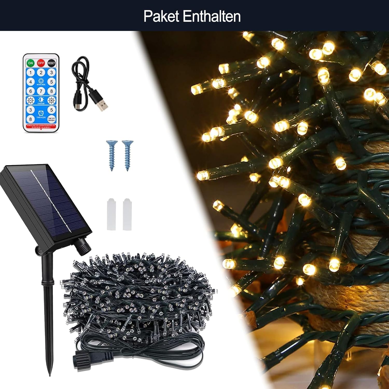 Catena di luci solari per esterni, 2 set, 30 m, 300 LED, con telecomando, 8 modalità, timer, cavo USB, dimmerabile, resistente alle intemperie, per balcone, Natale, bianco caldo