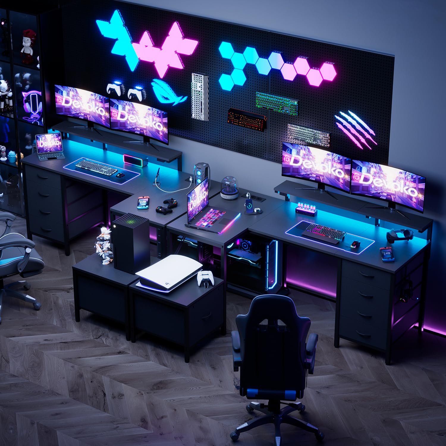 Devoko Scrivania Gaming Angolare 139x120 cm LED/Prese Nero | Tavolo gaming con 3 cassetti in tessuto e supporto monitor, Ideale per casa e ufficio