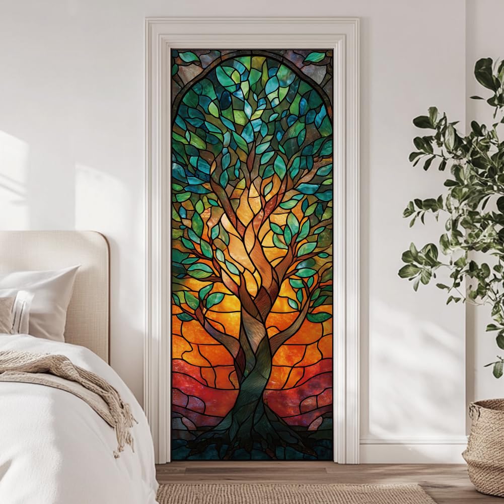arricraft 2 Pcs Self-Adhesive Door Sticker, 31.5"x78.7" 3D Colorful Glass Tree of Life Door Murals Stickers PVC Removable Wallpaper Decoration for Bedrooms ​Living Room