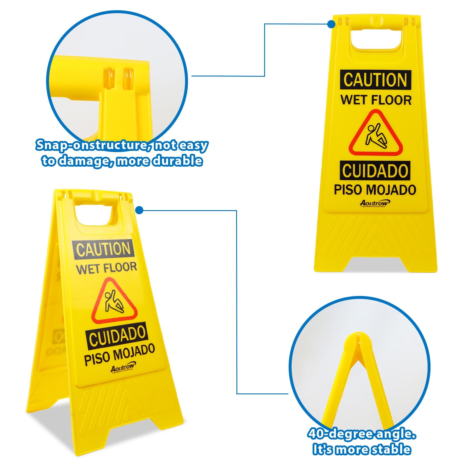 Aoutrow Caution Wet Floor Sign, ?L:17.12in W:8.38in H:0.94in?2-Sided Foldable Safety Sign for Commercial Use, A Frame Caution Sign Bilingual Warning Signs, Yellow (yellow 2pack)