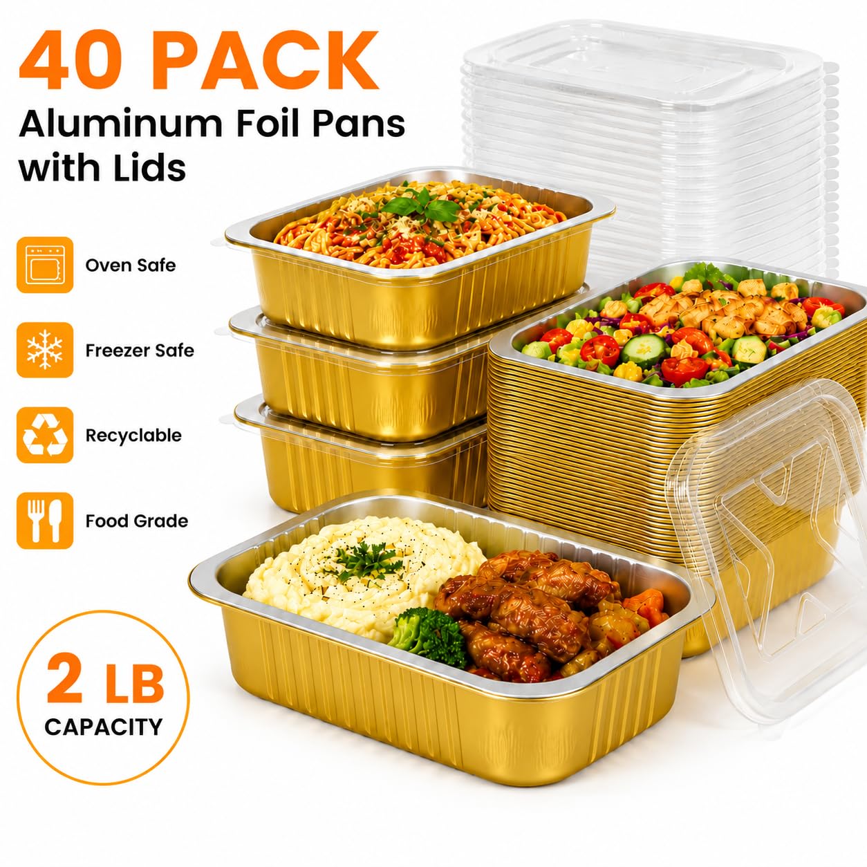 Paquete de 40 sartenes de aluminio resistentes doradas de 8.7 x 6 x 1.8 pulgadas con tapas, recipientes de papel de aluminio de 35 onzas/2.2 libras de capacidad con tapas, sartenes de aluminio