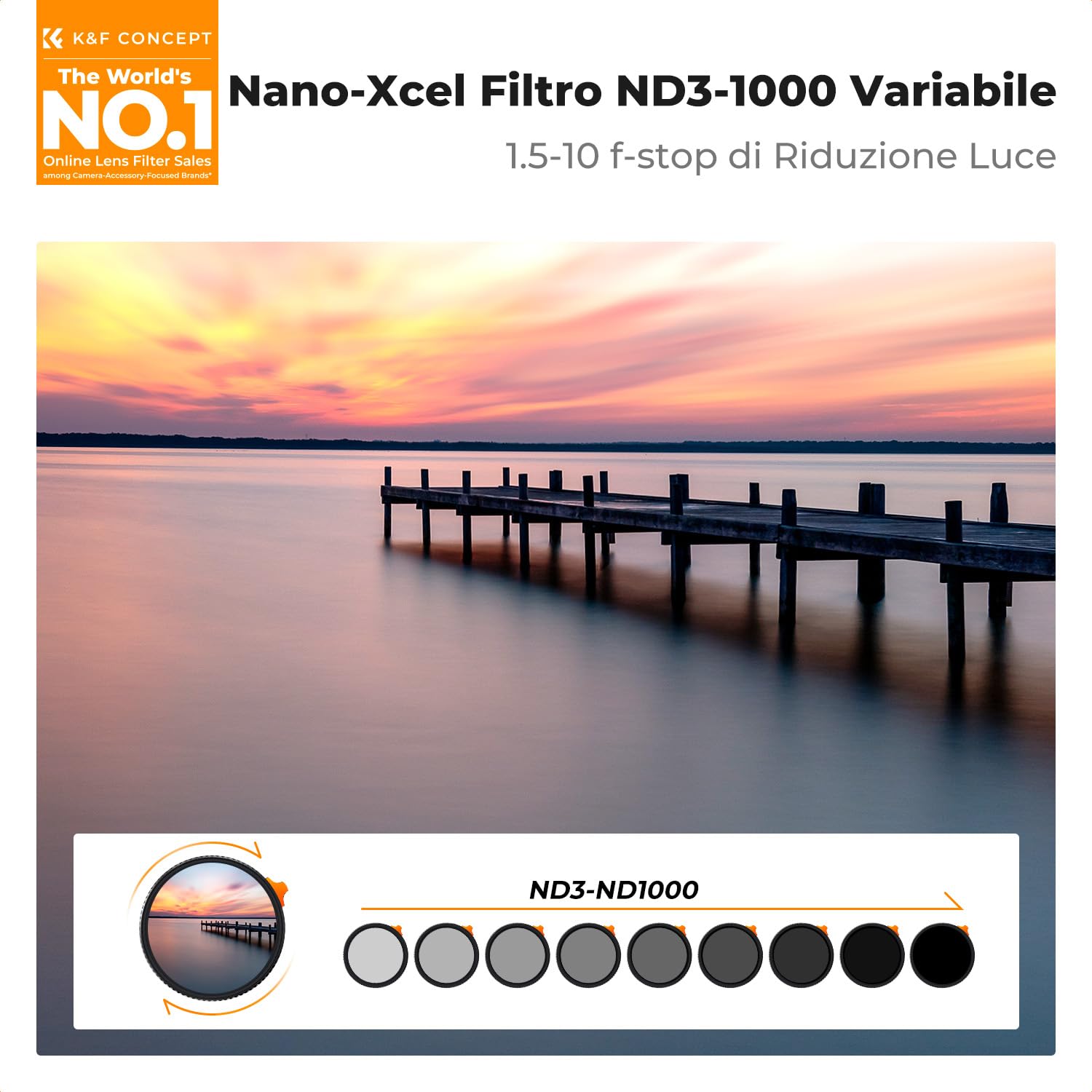 K&F CONCEPT Nano-Xcel 82mm Filtro Variabile ND3-1000 (1.5-10 stop) | Filtro a Densità Neutra ND3-1000 in Vetro Ottico con Rivestimento Nano a 28 Strati - FN724