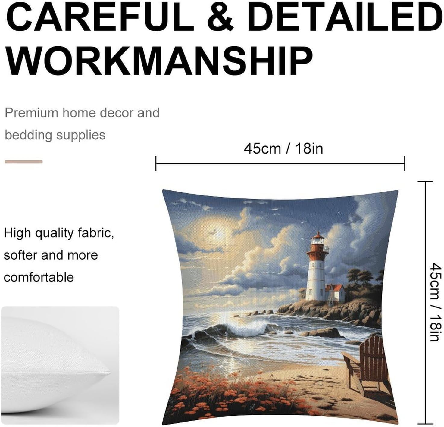 Sea Lighthouse Sandbeach Pillow Protectors Cute Waterproof Pillow Cover Soft Skin-Friendly Cushion Case Decorative Square Cushion Cover for Couch Sofa Bed Living Room Bedroom