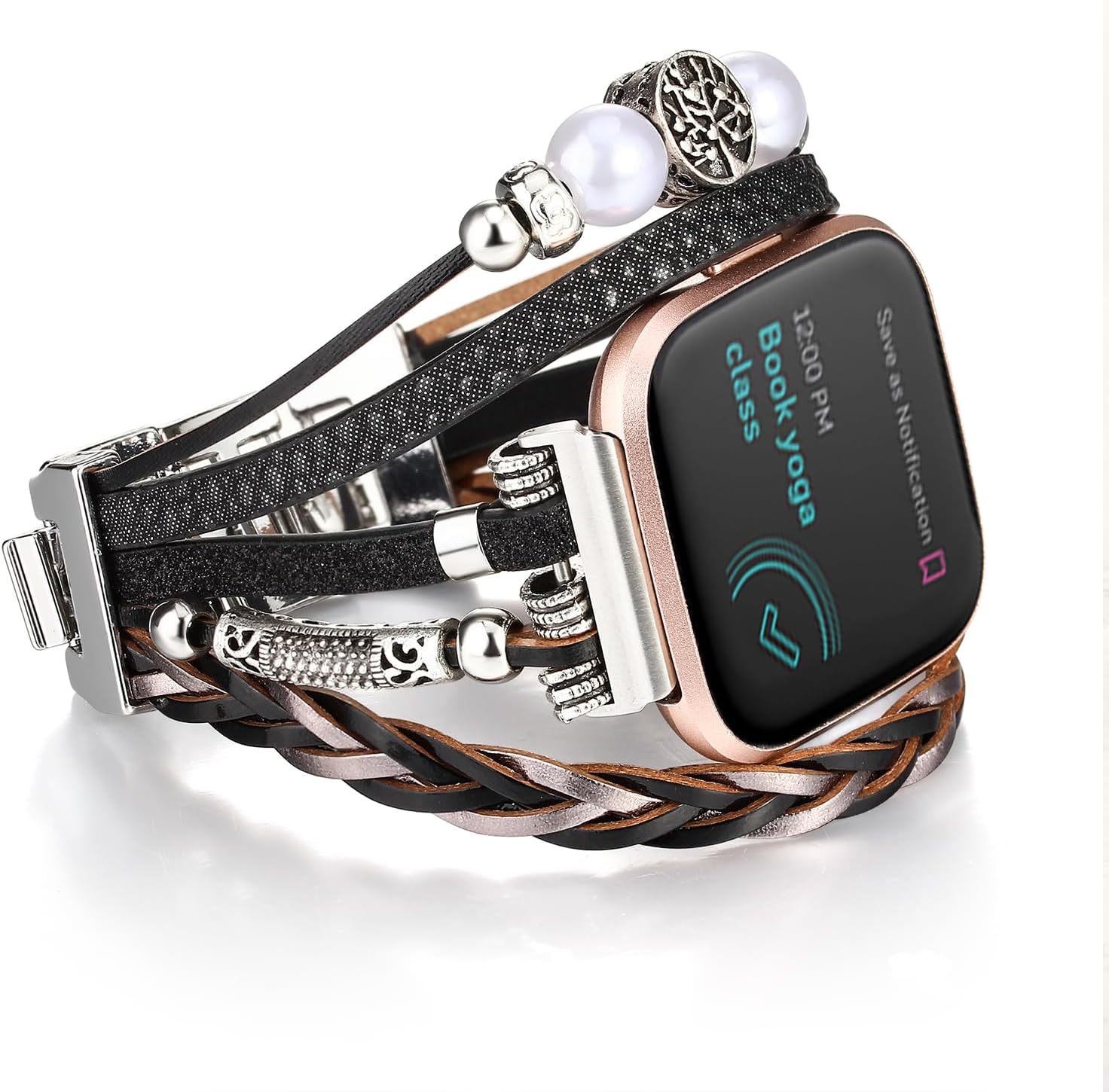 Leather Bracelet Compatible with Fitbit Versa 4/Versa 3 Bands/Sense 2/Sense Bands for Women, Multilayer Wrap Boho Strap Wristband for Fitbit Smartwatch (Black/Silver/Gold/Pink)