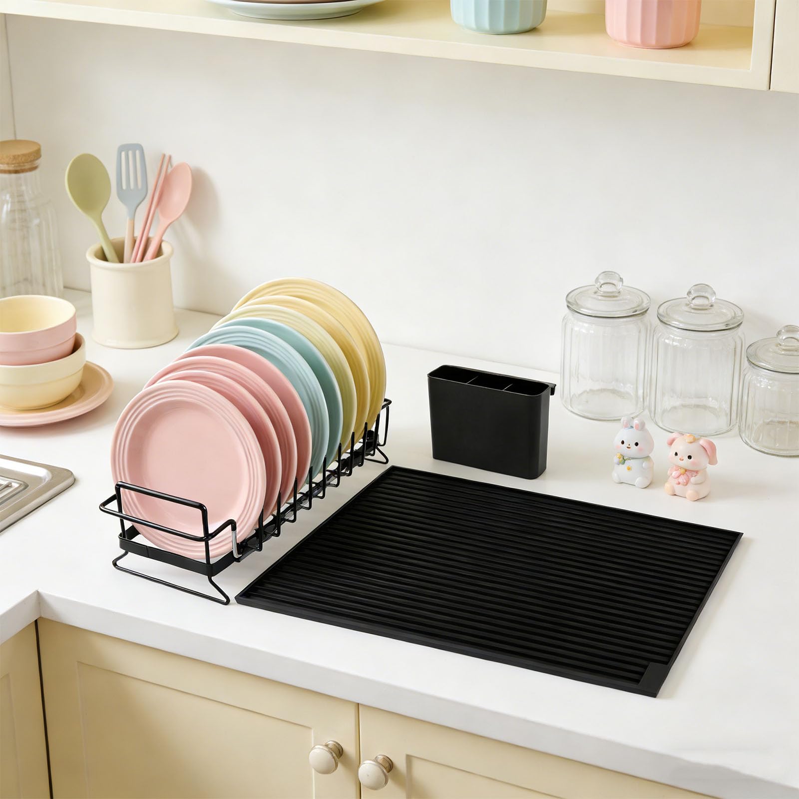 Tappetino scolapiatti pieghevole in silicone con griglia in metallo espandibile e portaposate, per cucine domestiche e piccoli appartamenti, lavabile in lavastoviglie