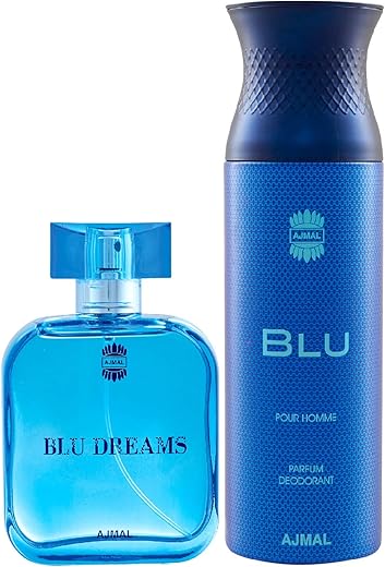 Ajmal Blu Dreams EDP Citurs Fruity Perfume 100ml for Men and Blu Homme Deodorant Aquatic Woody Fragrance 200ml for Men