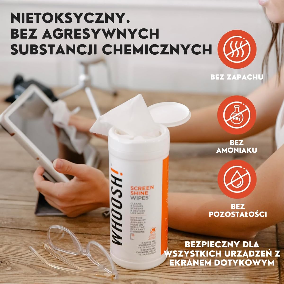 WHOOSH! Chusteczki do Czyszczenia Ekranu 70 szt., Bez Alkoholu, Bez Smug, TV OLED, Laptop, Smartfon, Okulary, Ściereczka Microsuede Gratis