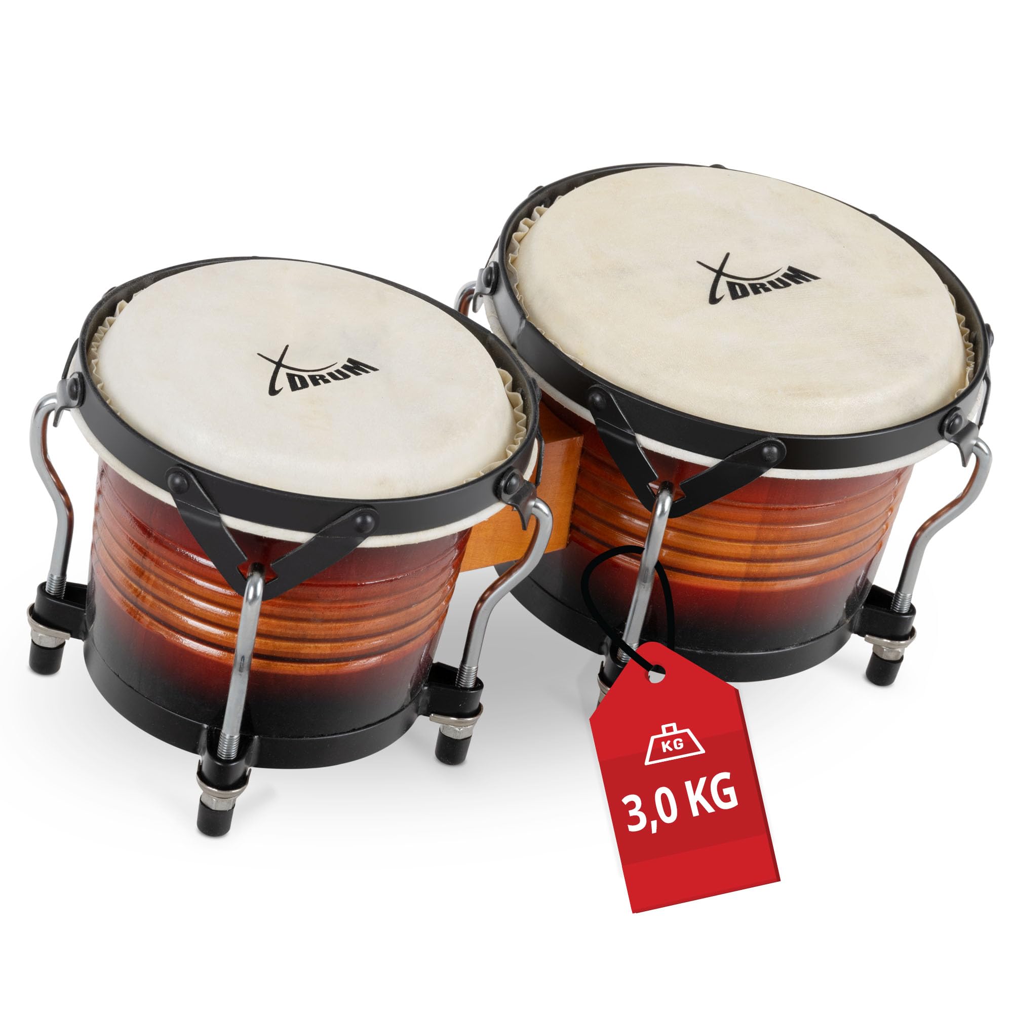 XDrum Bongos Pro Vintage Sunburst, 2 tambores ("macho" y "hembra") | Tamaños de bongo: 6, 5" (17 cm) y 7, 5" (20 cm), Parches naturales, Madera: abedul, Herrajes cromados, 5 x 41 x 21 cm